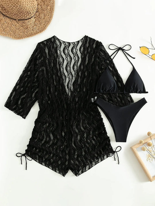 EB | 3 Stück Bikini Tropischer Druck Badebekleidung Halter Schnürseite Badebekleidung Frauen Badeanzug Weiblich Schwimmen Sommer Strandbekleidung