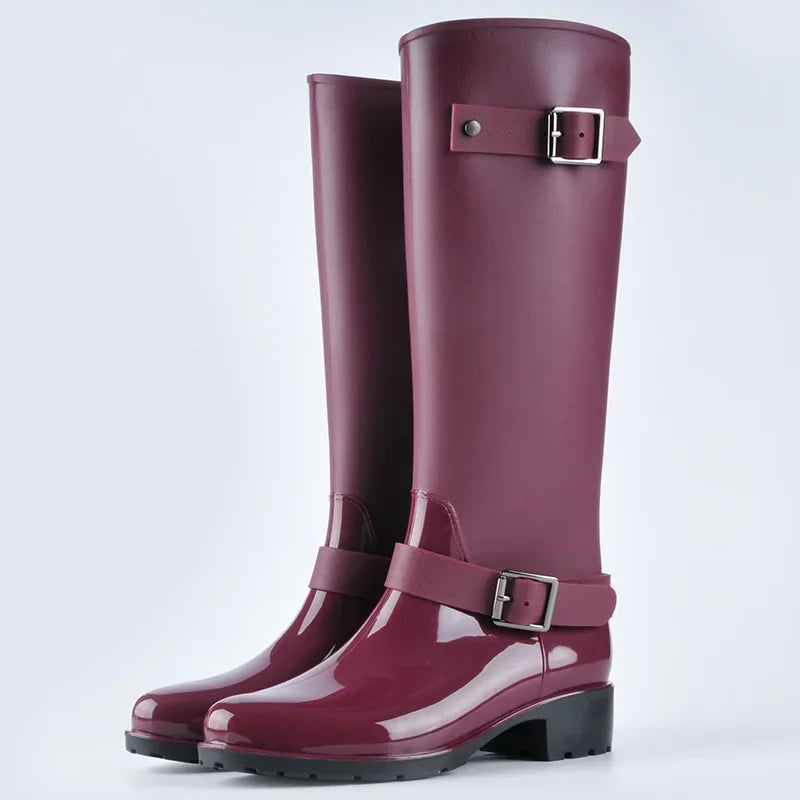 EB | Damen wasserdichte knielange Gummistiefel mit Schnallen & Blockabsätzen