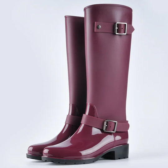EB | Damen wasserdichte knielange Gummistiefel mit Schnallen & Blockabsätzen