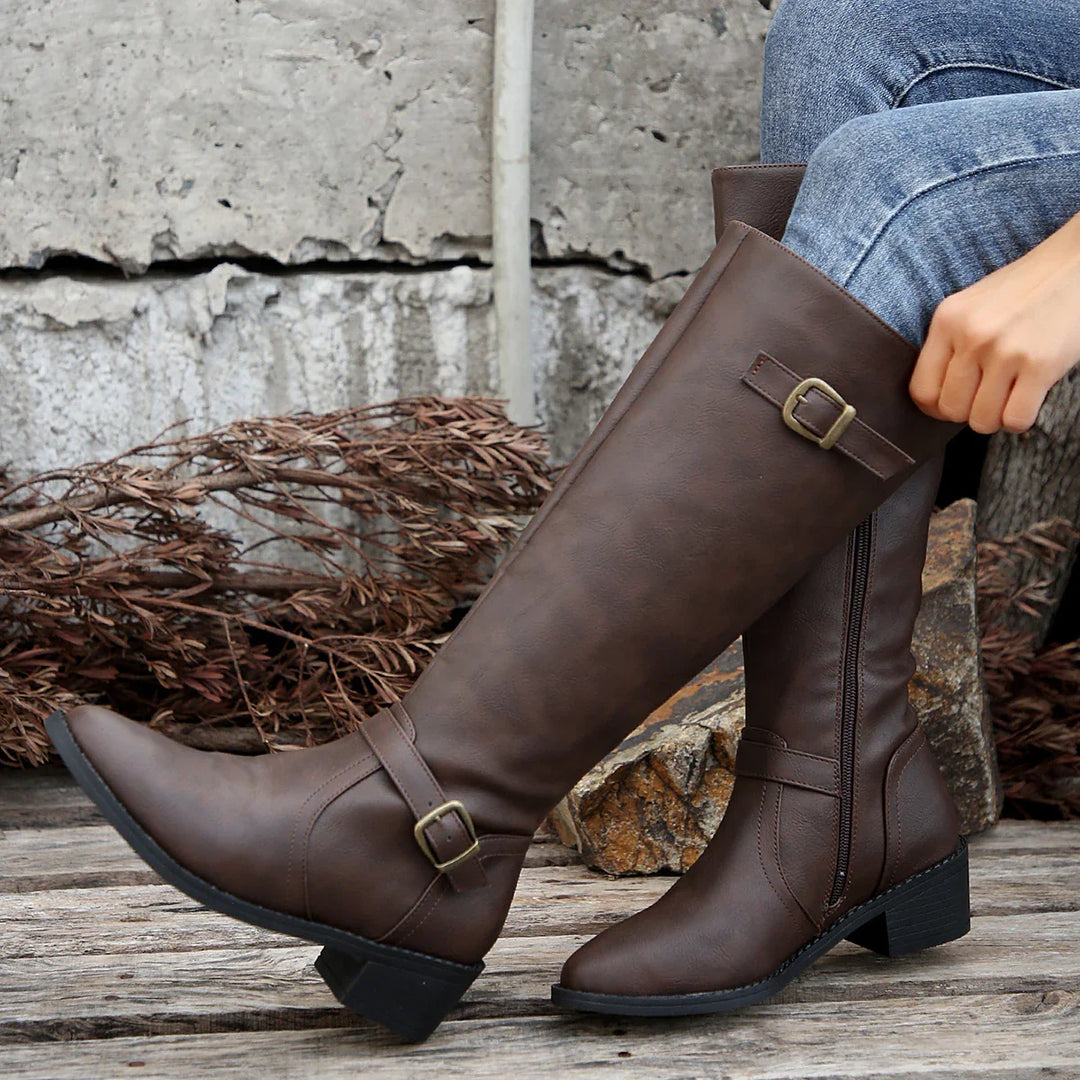 EB | Hohe Reitstiefel mit Schnallenriemen und Niedrigem Absatz für Frauen