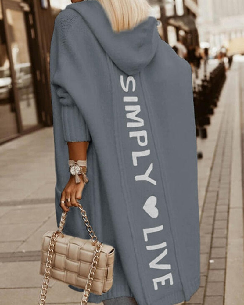 EB | Langer Mantel Kapuze Lockere Passform Gestrickt Wolle Grafisches Rücken Detail