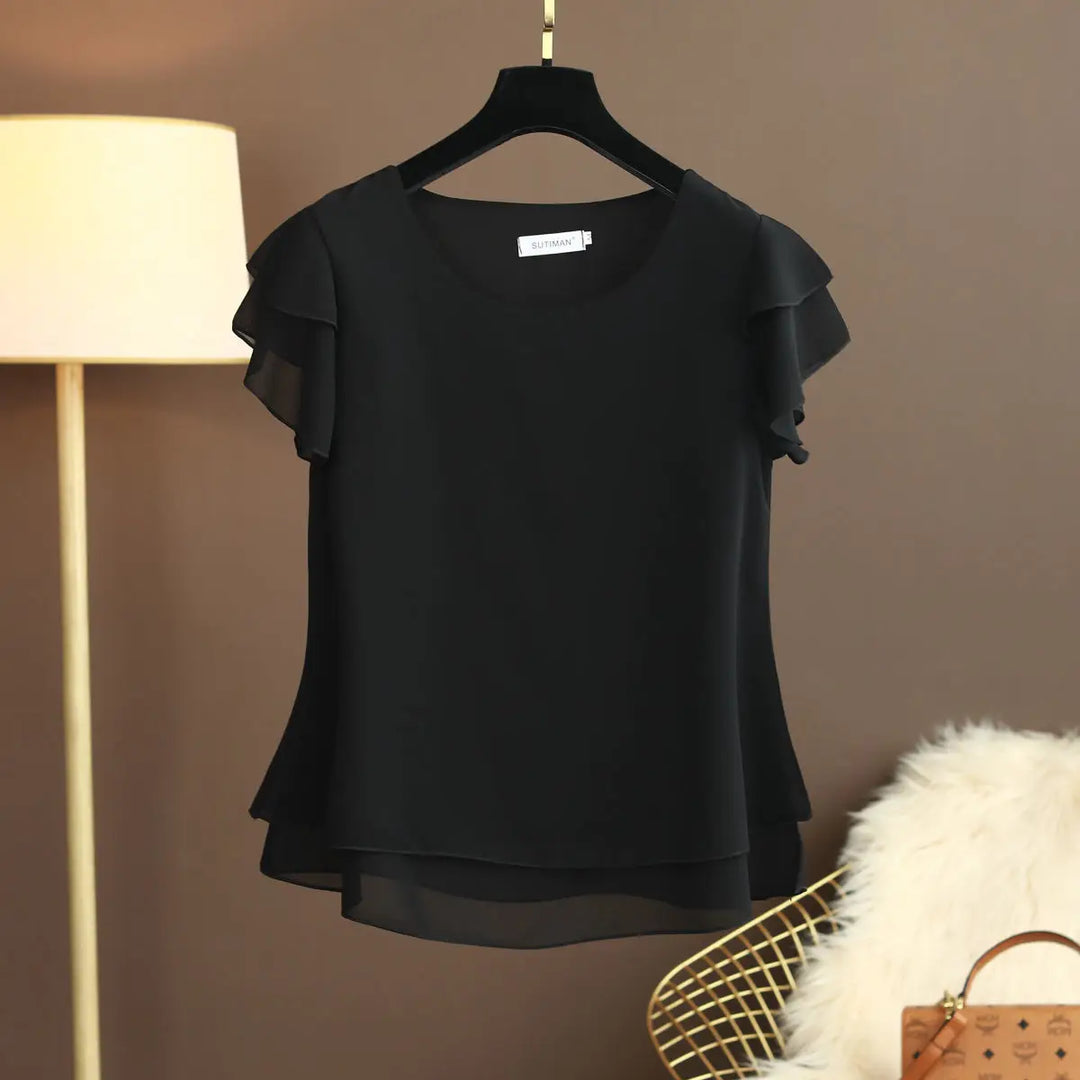 EB | Chiffon Bluse mit O-Ausschnitt und Kurzen Ärmeln