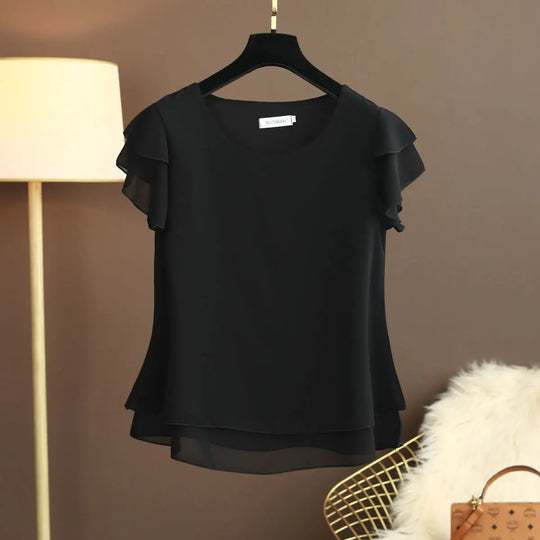 EB | Chiffon Bluse mit O-Ausschnitt und Kurzen Ärmeln