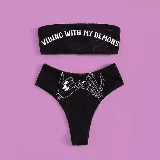 EB | Sexy Goth Bikini Frauen Buchstaben Totenkopf Druck Badeanzug Split Badeanzug Hohe Taille Gotische Bikini Set Strandoutfits
