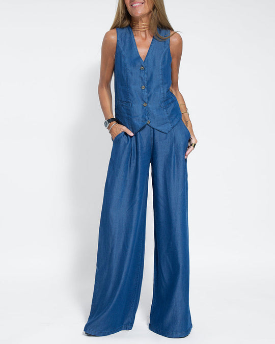 EB | Elegantes 2-Teiliges Set Leinen Weite Hose & Weste
