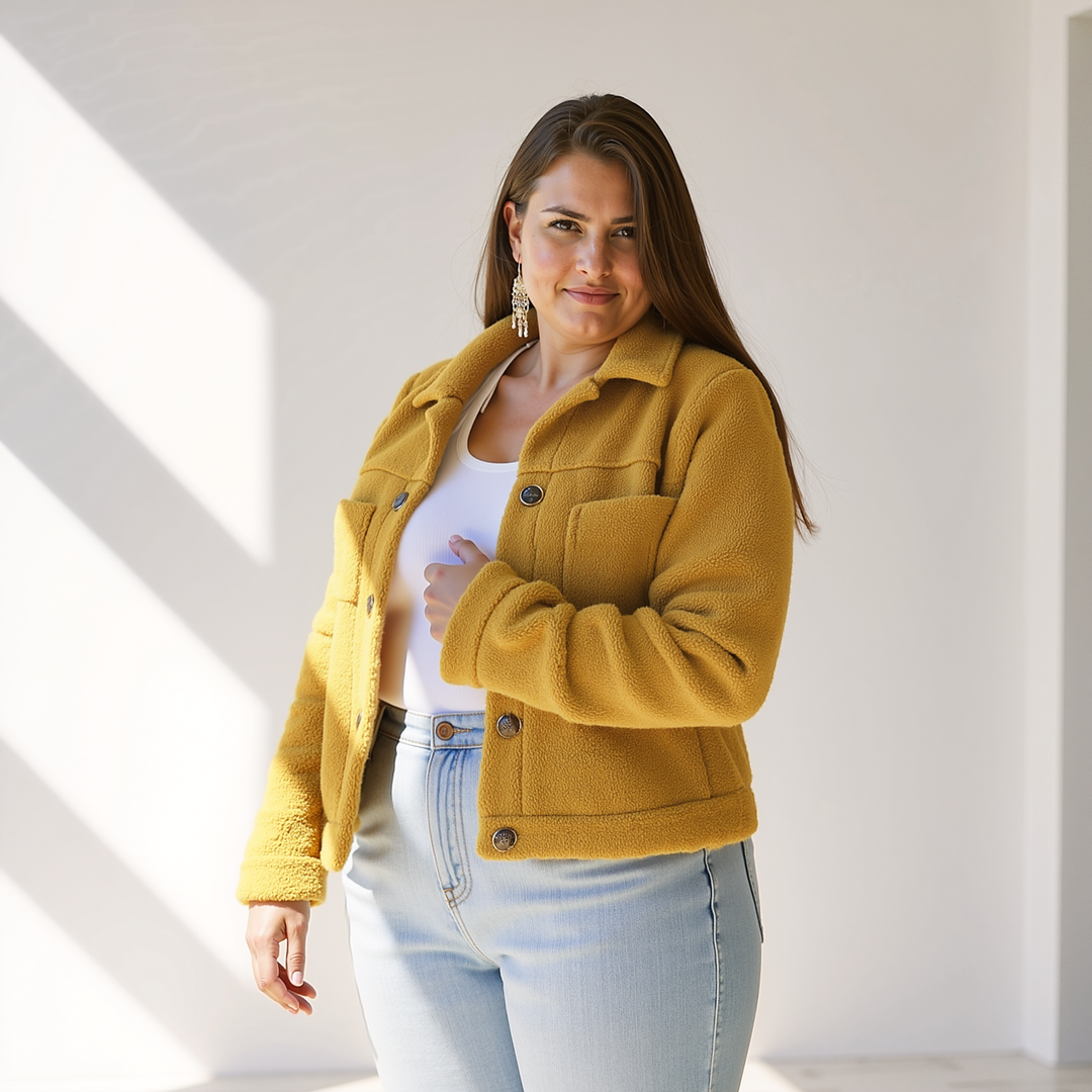 EB | Weiche Damen Teddy Herbstjacke mit Knöpfen und Taschen