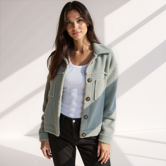 EB | Weiche Damen Teddy Herbstjacke mit Knöpfen und Taschen