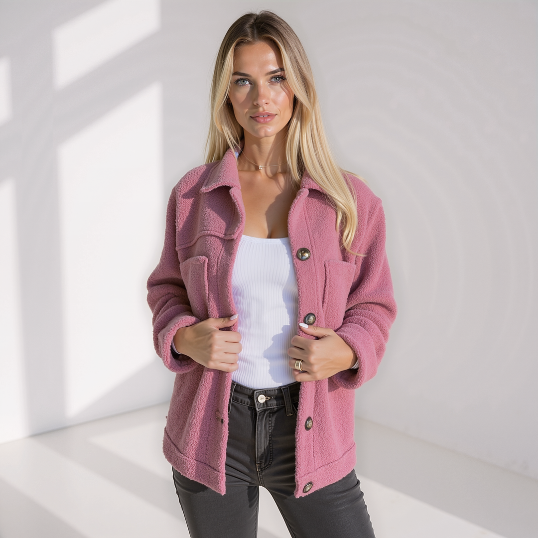 EB | Weiche Damen Teddy Herbstjacke mit Knöpfen und Taschen
