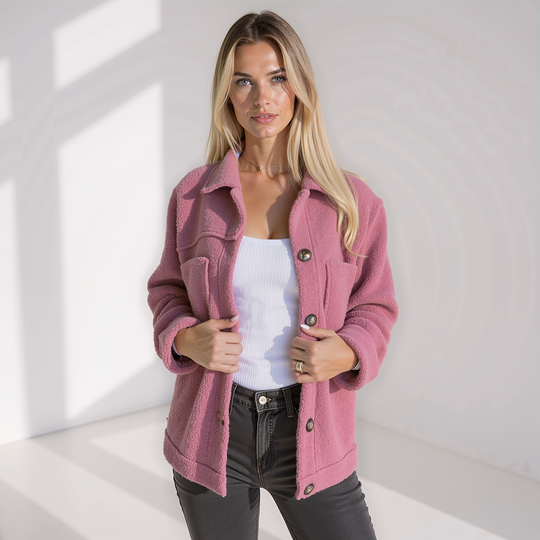 EB | Weiche Damen Teddy Herbstjacke mit Knöpfen und Taschen