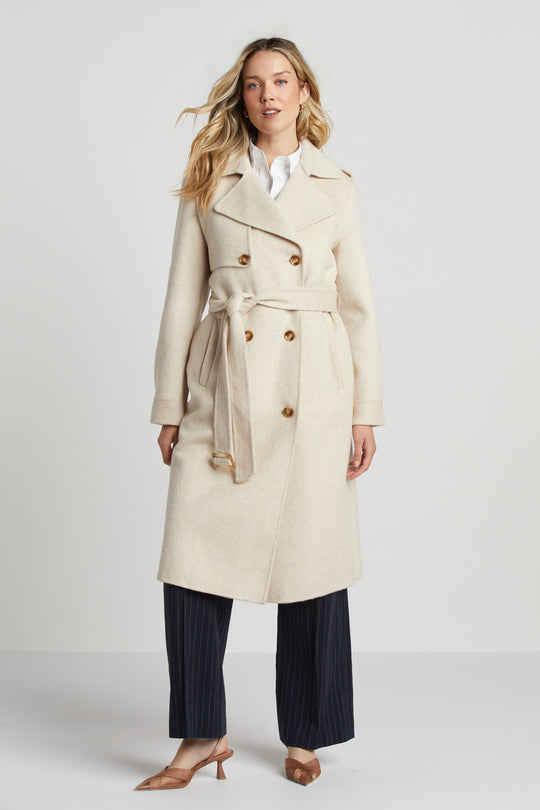 EB | Damen Wolljacke mit doppelter Knopfreihe und abnehmbarem Gürtel und Sturmklappe