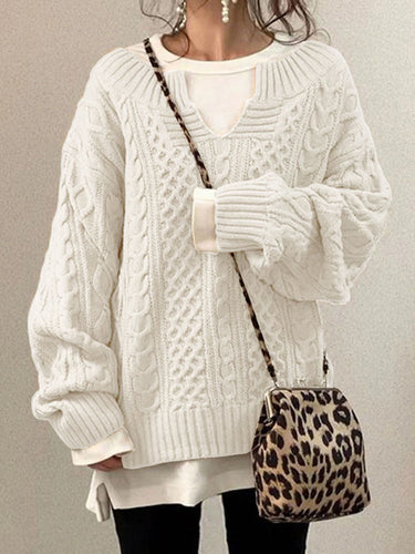 EB | Kabelstrickpullover - Damen Herbst Grobstrickpullover mit Schlitzkragen