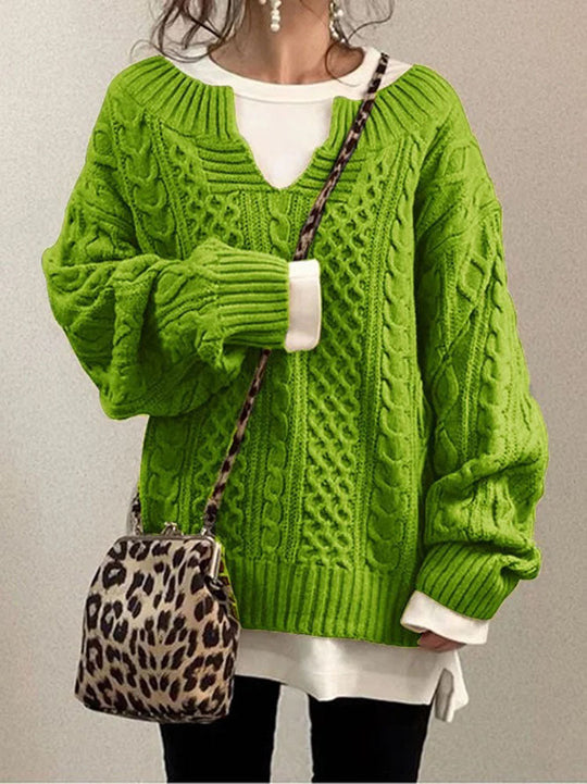 EB | Kabelstrickpullover - Damen Herbst Grobstrickpullover mit Schlitzkragen