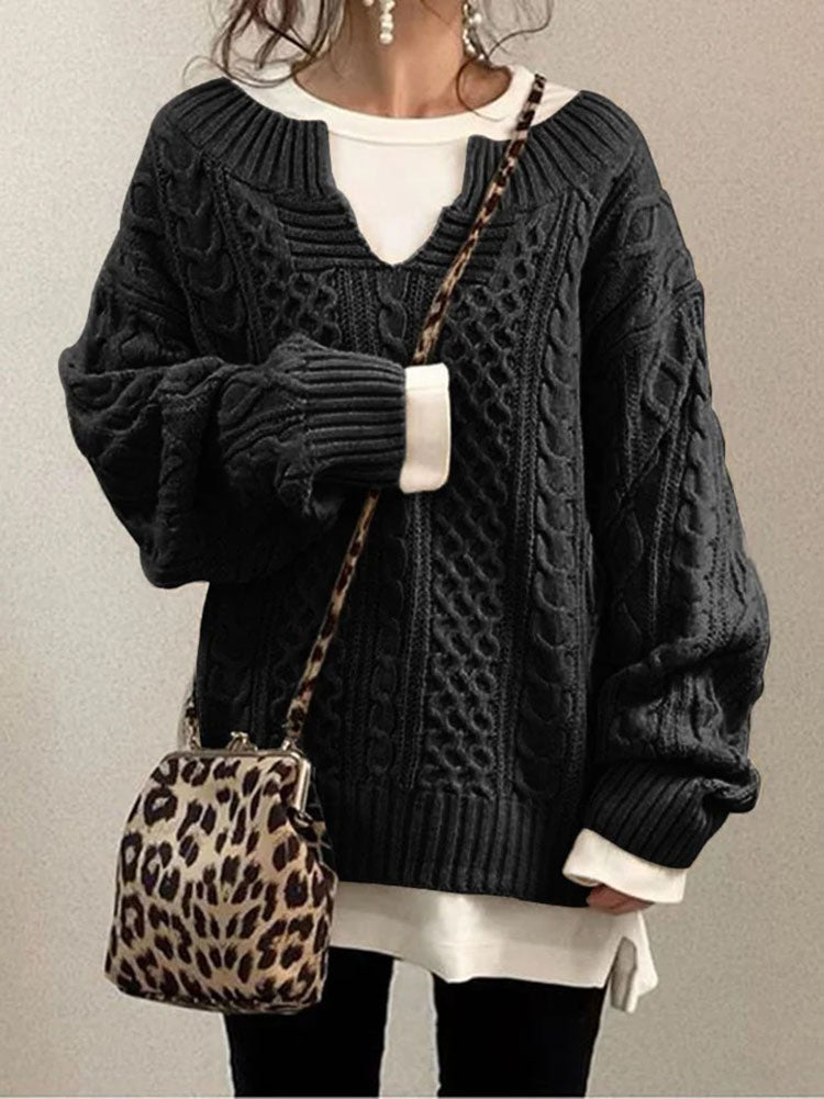 EB | Kabelstrickpullover - Damen Herbst Grobstrickpullover mit Schlitzkragen
