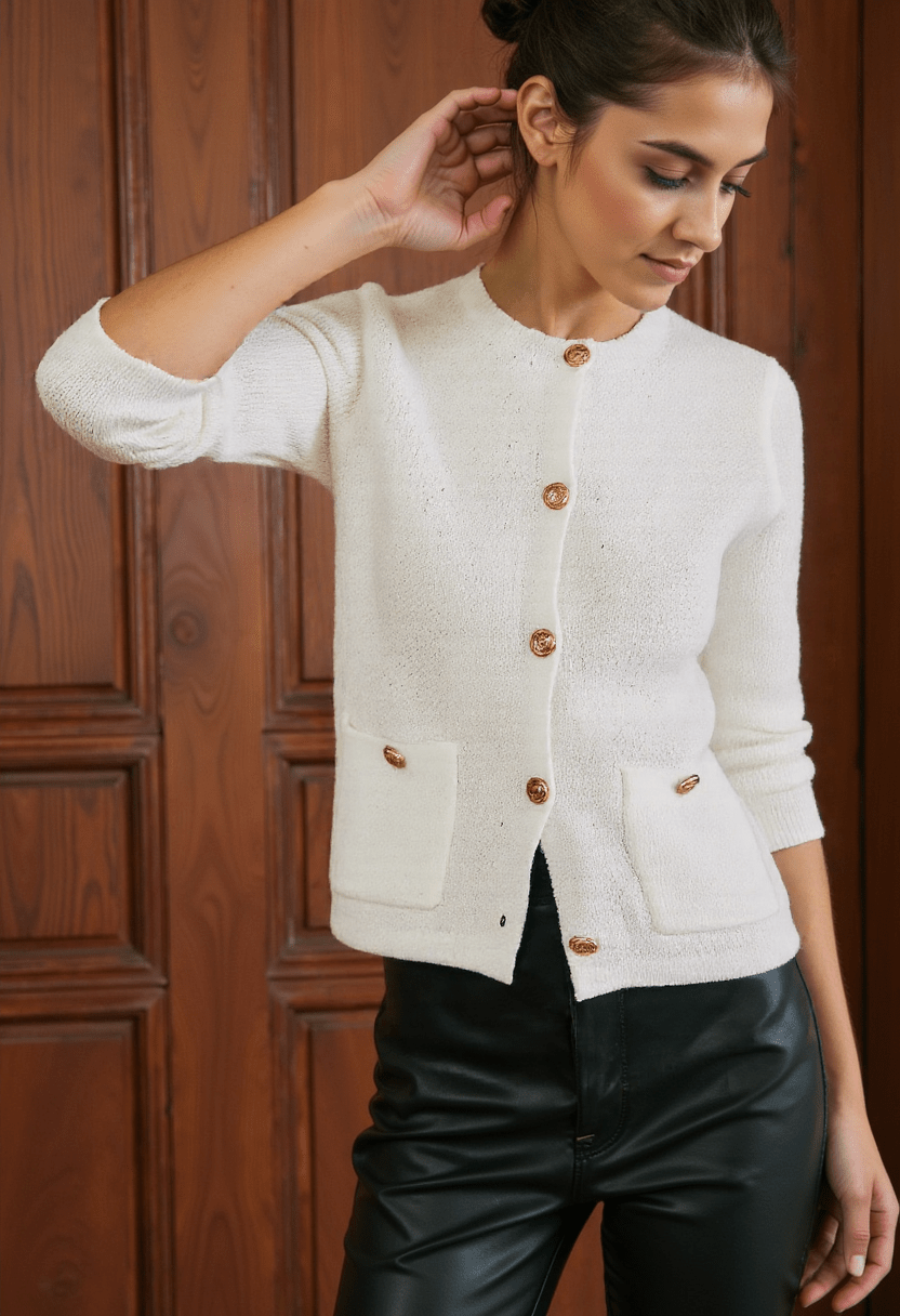 EB | Cardigan - Damen Herbst Weiß Strickcardigan mit Metallknöpfen