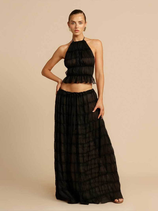 EB | Damen Rückenausschnitt Oberteil und langer Rock Set Stylisch