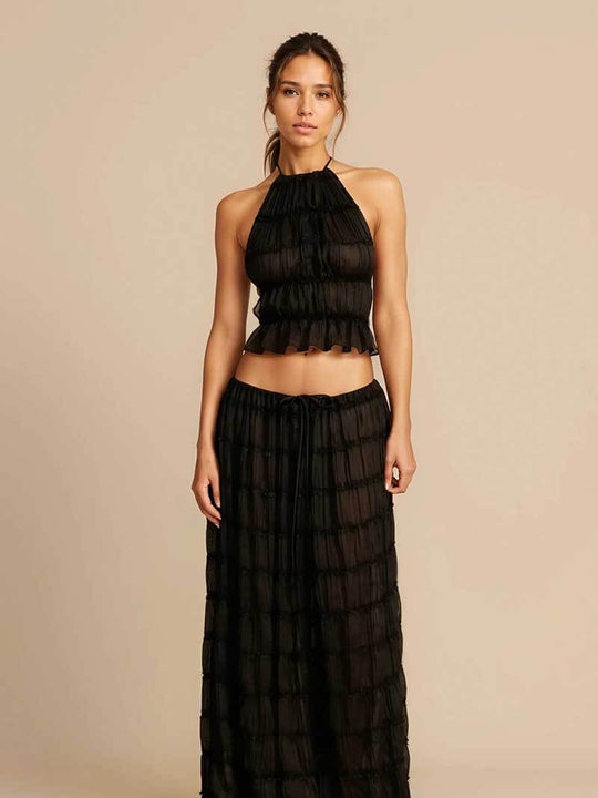 EB | Damen Rückenausschnitt Oberteil und langer Rock Set Stylisch