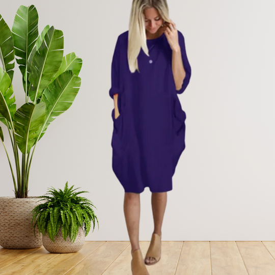 Langärmeliges lockeres Taschenkleid