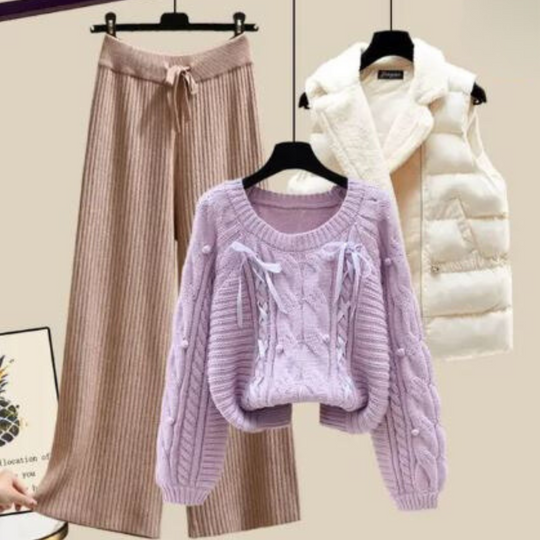 EB | Dreiteiliges Damen Strickjacken Jackett, Locker Sitzender Pullover und Weite Hosenbeine