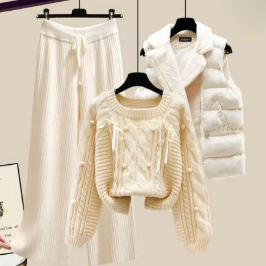 EB | Dreiteiliges Damen Strickjacken Jackett, Locker Sitzender Pullover und Weite Hosenbeine