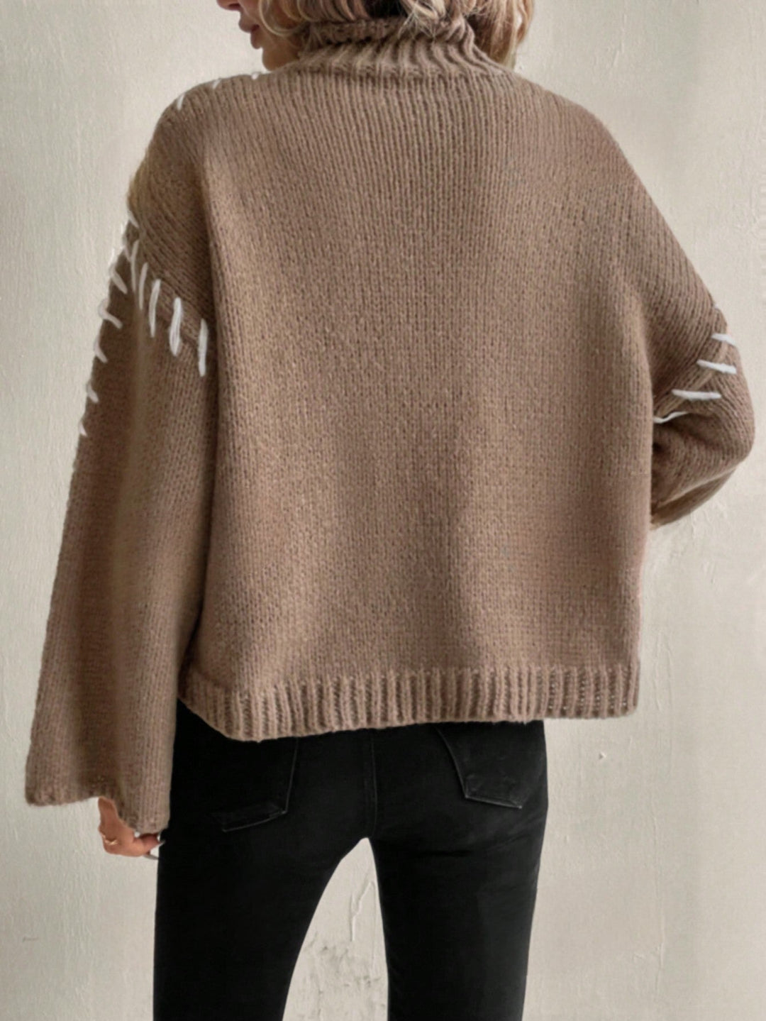 EB | Damen Patchwork Strickpullover mit Kontrastierenden Farben und Rollkragen