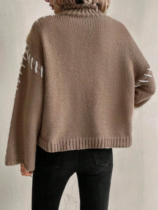 EB | Damen Patchwork Strickpullover mit Kontrastierenden Farben und Rollkragen