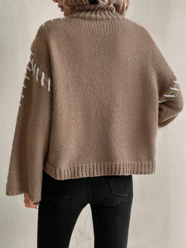 EB | Damen Patchwork Strickpullover mit Kontrastierenden Farben und Rollkragen