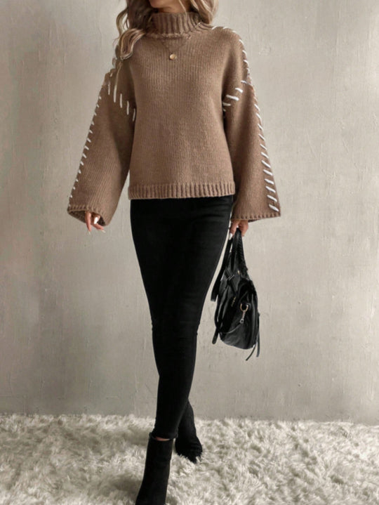 EB | Damen Patchwork Strickpullover mit Kontrastierenden Farben und Rollkragen