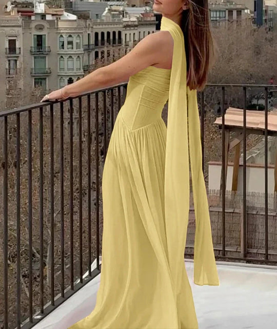 EB | Patchwork Maxi Kleid Schal Rückenfrei Strapless Rüschen Bankett