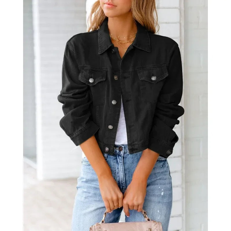 EB | Kurze Taschenjacke Mode Streetwear Einfache Knopf Trend Frauen Denim Jacken Lange Ärmel Herbst Neu Denim Denim Jacken