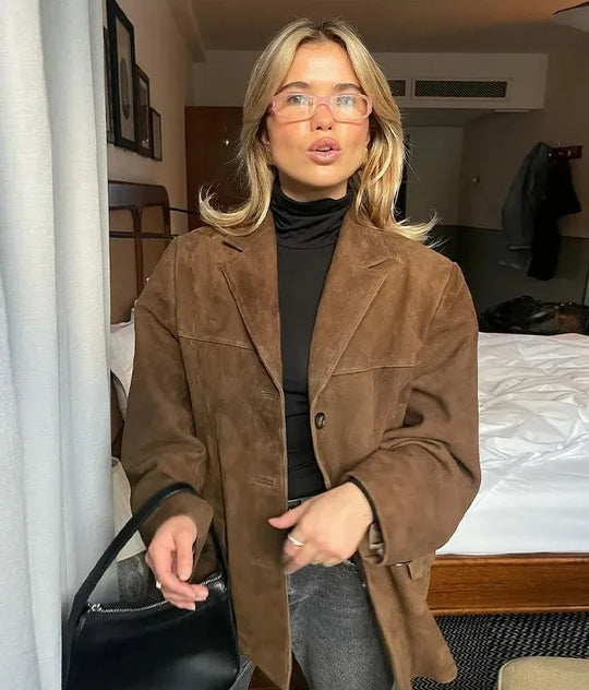 EB | Jacke - Maßgeschneiderter Wildleder-Look - Kurze Länge - Klassischer Kragen - Knöpfe