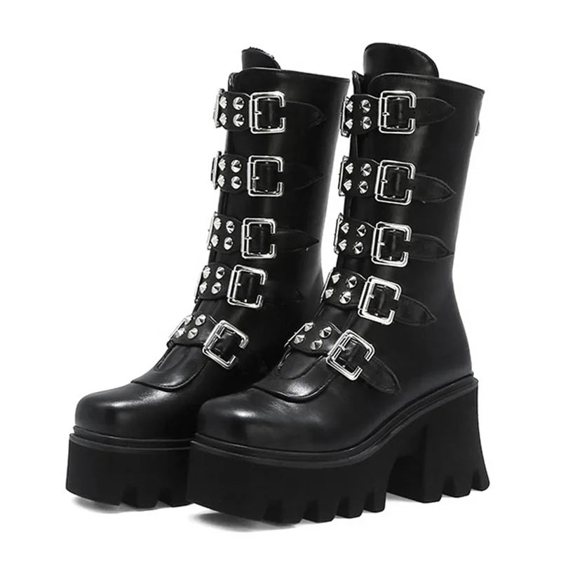 EB | Gothic Schuhe Frauen Schwarz Hochstiefel Weiblich Hohe Absatz Frauen Combat Punk Chunky Dame