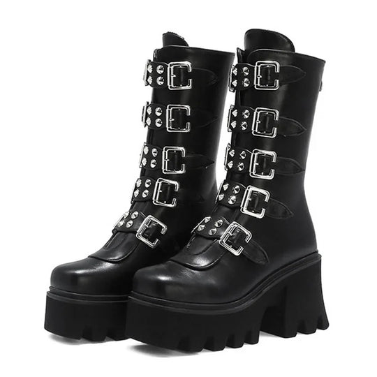 EB | Gothic Schuhe Frauen Schwarz Hochstiefel Weiblich Hohe Absatz Frauen Combat Punk Chunky Dame