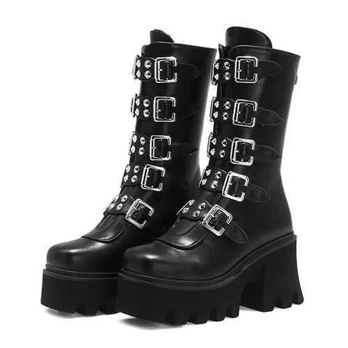 EB | Gothic Schuhe Frauen Schwarz Hochstiefel Weiblich Hohe Absatz Frauen Combat Punk Chunky Dame