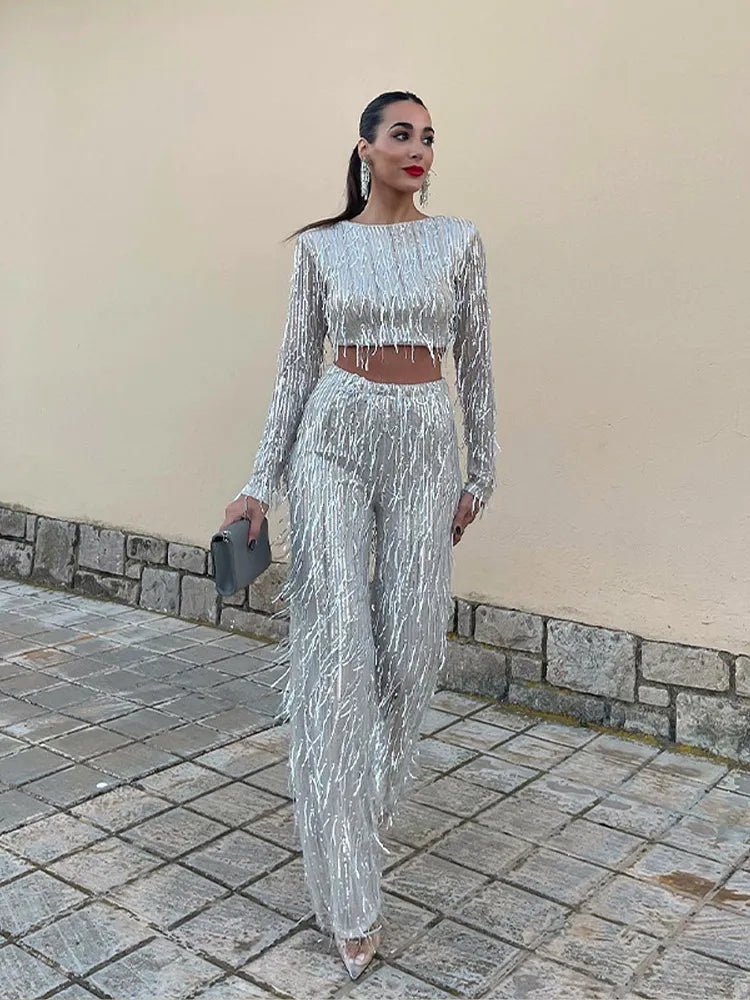 EB | Quaste Pailletten Frauen 2 Teilig Set Herbst Silber Licht Seide O-Ausschnitt Crop Tops Breite Bein Hosen Damen Anzug Mode Straße Damen Set