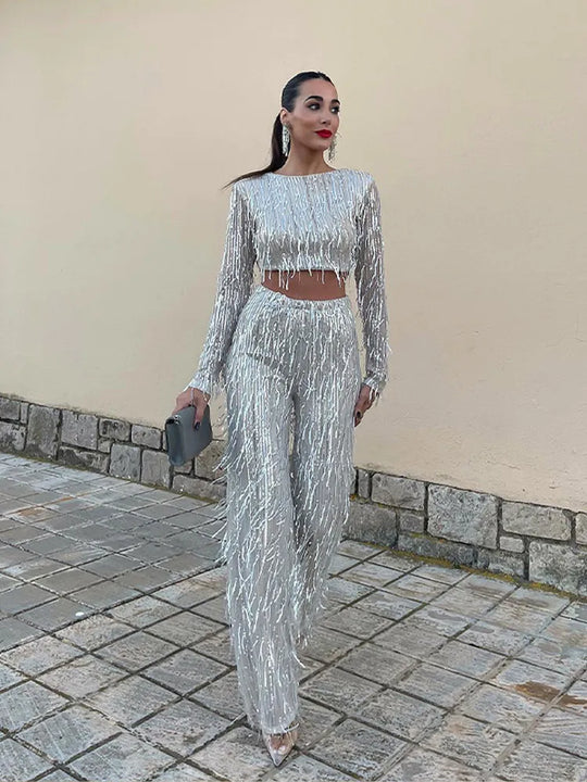 EB | Quaste Pailletten Frauen 2 Teilig Set Herbst Silber Licht Seide O-Ausschnitt Crop Tops Breite Bein Hosen Damen Anzug Mode Straße Damen Set