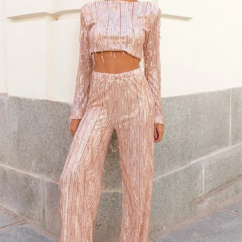 EB | Quaste Pailletten Frauen 2 Teilig Set Herbst Silber Licht Seide O-Ausschnitt Crop Tops Breite Bein Hosen Damen Anzug Mode Straße Damen Set
