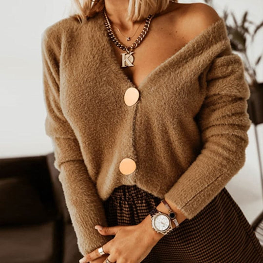 EB | Strickjacke Weiche Strickware V-Ausschnitt Große Knöpfe Lockere Passform