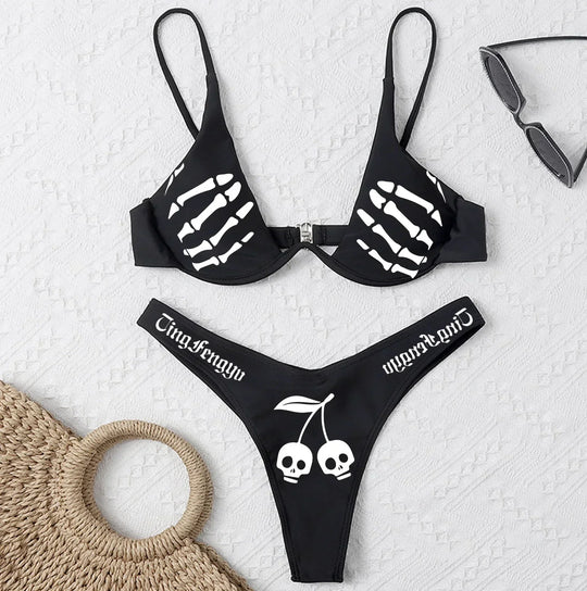 EB | Sexy Goth Bikini Frauen Buchstaben Totenkopf Druck Badeanzug Split Badeanzug Hohe Taille Gotische Bikini Set Strandoutfits