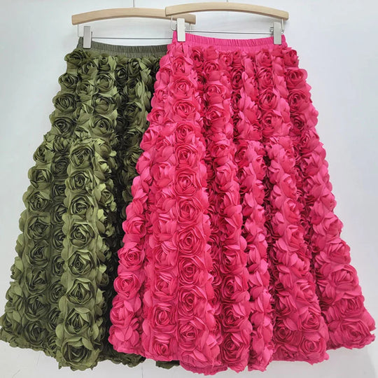 EB | Herbst Neu Vielseitig Drei Dimensional Blumen Mittlere Falten Rock Hohe Taille Große Schwung Mode A-Linie Röcke Frauen