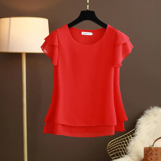 EB | Chiffon Bluse mit O-Ausschnitt und Kurzen Ärmeln