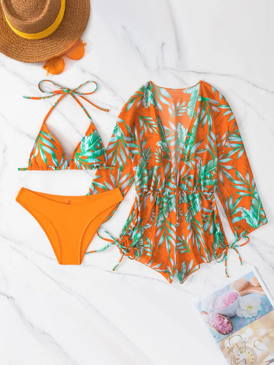 EB | 3 Stück Bikini Tropischer Druck Badebekleidung Halter Schnürseite Badebekleidung Frauen Badeanzug Weiblich Schwimmen Sommer Strandbekleidung