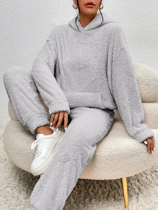 EB | Weiche Teddyjacke Damen Loungewear Satz mit Kapuze