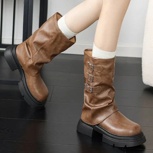 EB | Chunky-Heel-Biker-Stiefel für Damen mit Riemen-Details