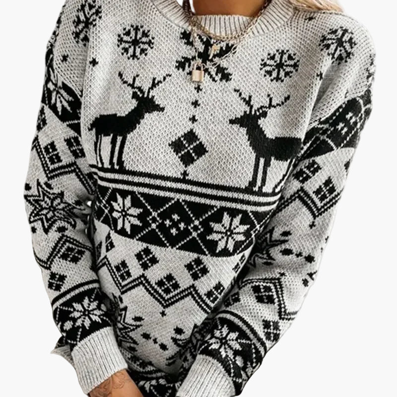 EB | Weihnachtspulli mit Rentier- und Schneeflockenmuster - Modischer Winterpullover für Festliche Anlässe