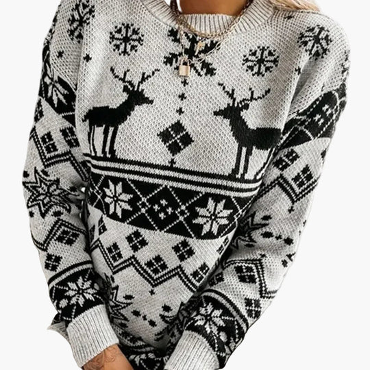 EB | Weihnachtspulli mit Rentier- und Schneeflockenmuster - Modischer Winterpullover für Festliche Anlässe