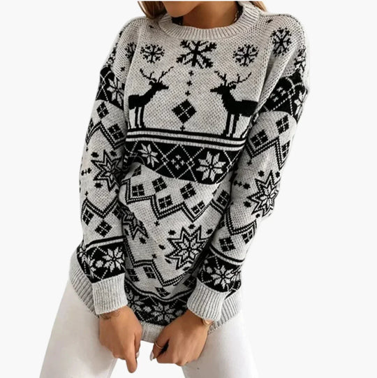 EB | Weihnachtspulli mit Rentier- und Schneeflockenmuster - Modischer Winterpullover für Festliche Anlässe