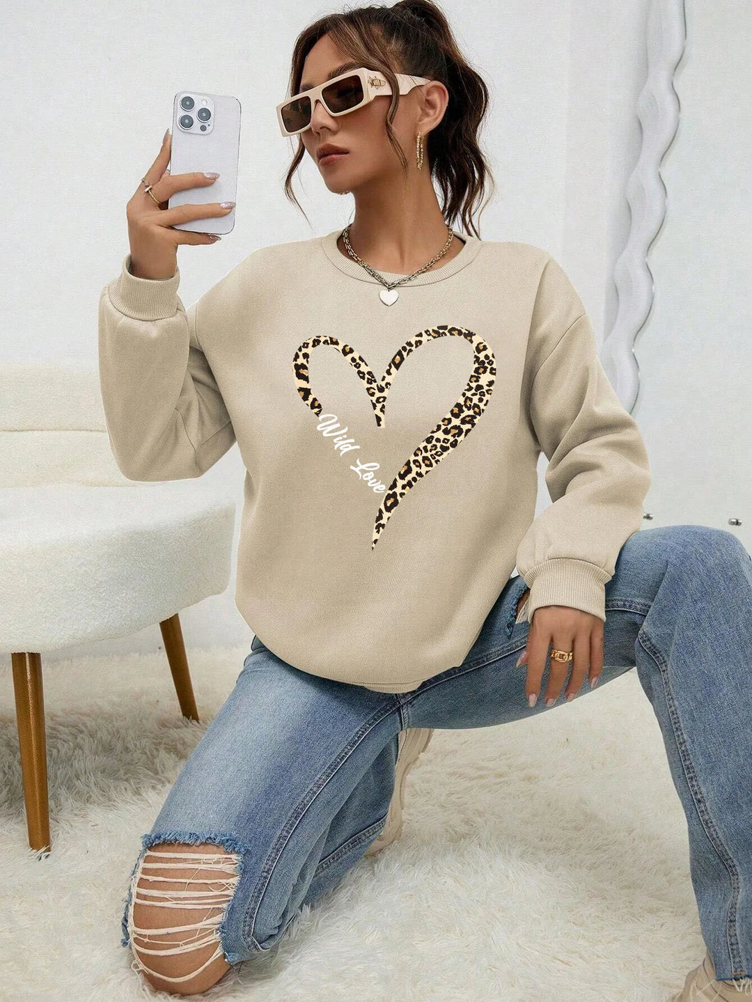 EB | Sweatshirt mit Leopard-herzprint Polyester Trendy und Komfortabel