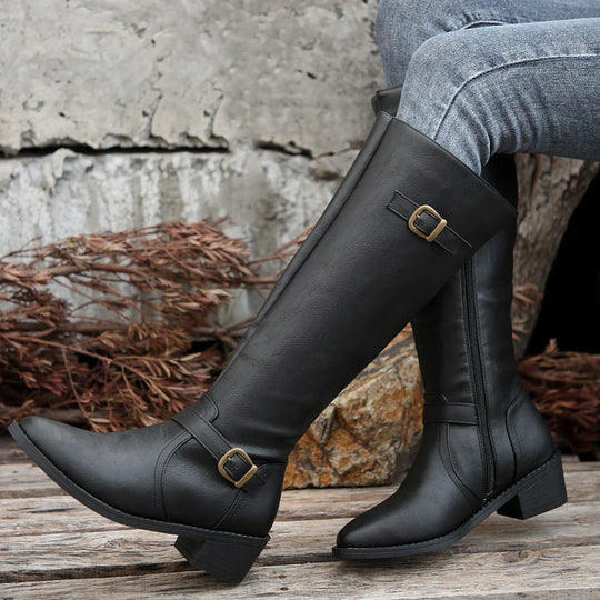 EB | Hohe Reitstiefel mit Schnallenriemen und Niedrigem Absatz für Frauen