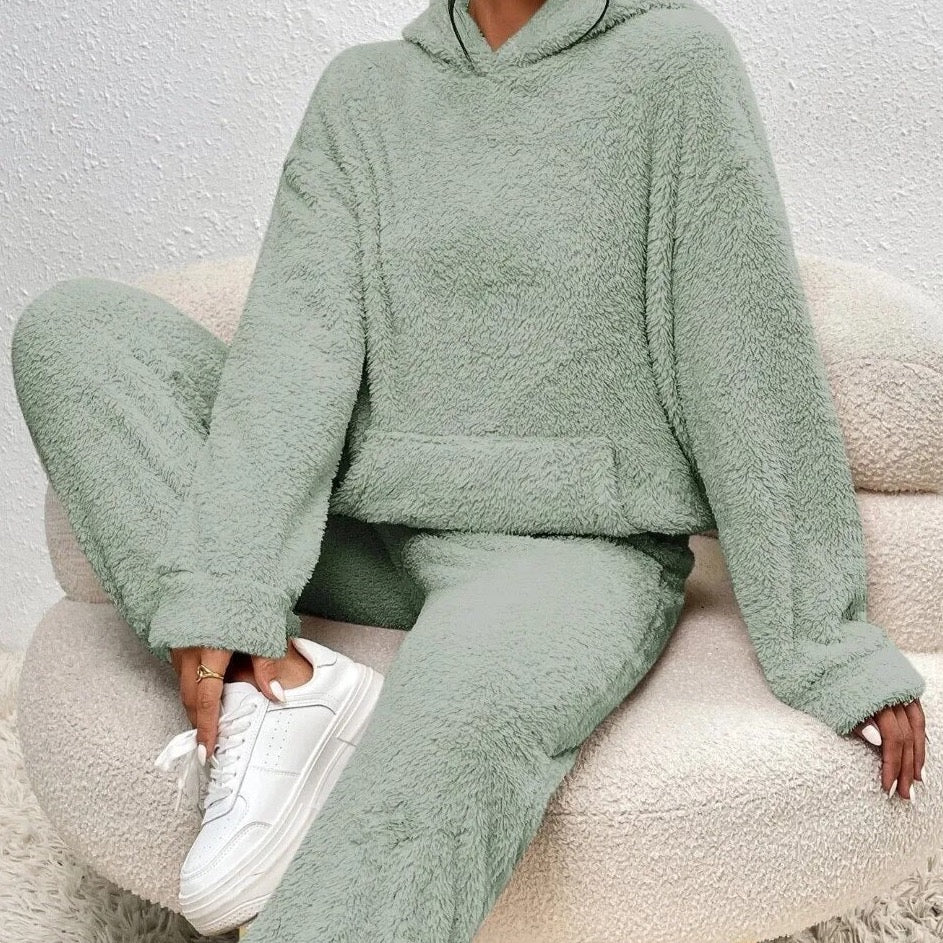 EB | Weiche Teddyjacke Damen Loungewear Satz mit Kapuze