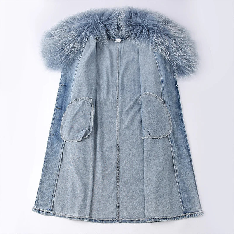 EB | Lange Denimjacke mit Kunstfell Baumwollmix Modern und Elegant